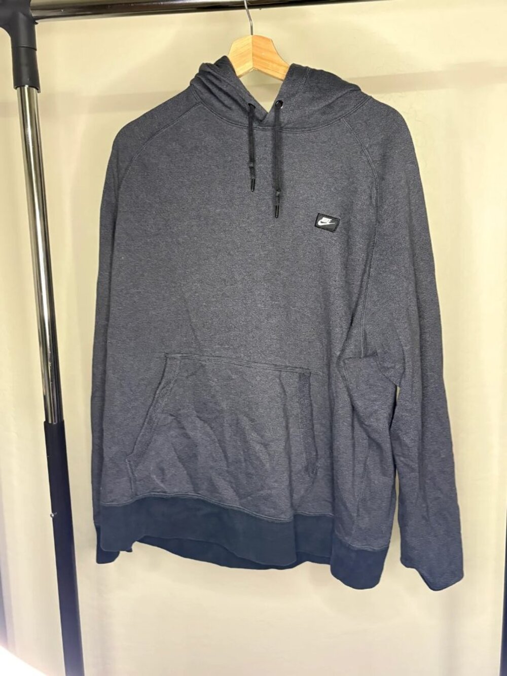Nike Sportswear Pullover Hoodie Mens L Charcoal Heather Navy Hem Woven Patch Log